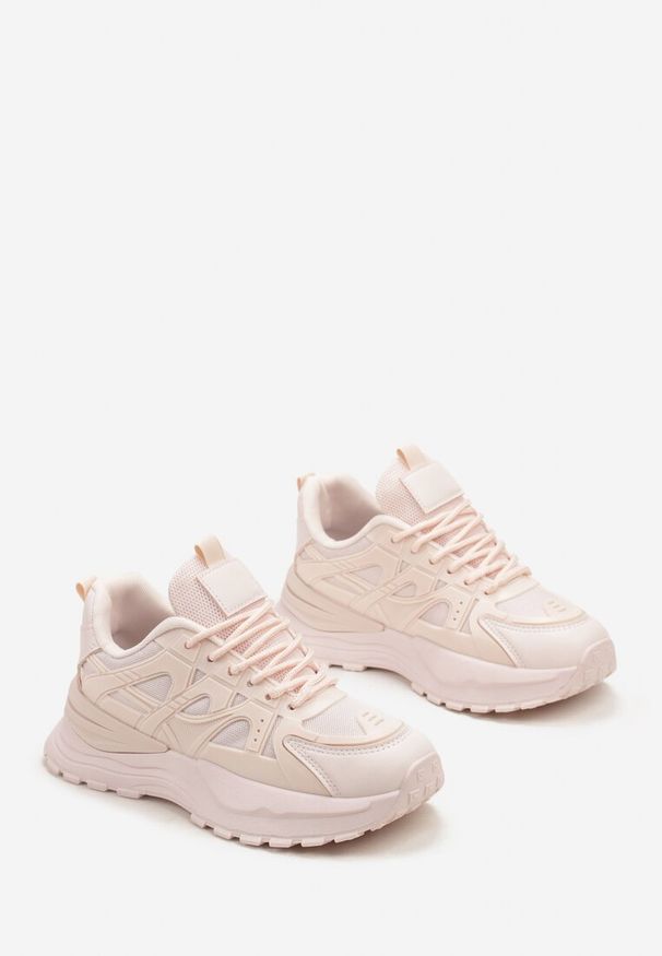 Renee - Różowe Sznurowane Sneakersy na Grubej Podeszwie z Ozdobnymi Wstawkami Ilira. Okazja: na co dzień. Nosek buta: okrągły. Zapięcie: sznurówki. Kolor: różowy. Materiał: jeans, materiał, bawełna. Obcas: na obcasie. Wysokość obcasa: niski. Sport: turystyka piesza