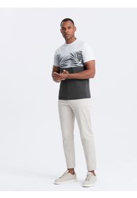 Ombre Clothing - T-shirt meski dwukolorowy z nadrukiem w liście palmy - grafitowy V2. Kolor: szary. Materiał: bawełna, jersey, dzianina. Wzór: nadruk. Sezon: lato. Styl: wakacyjny