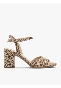 Ryłko - Sandały damskie w panterkę. Kolor: beżowy. Materiał: skóra. Wzór: motyw zwierzęcy. Obcas: na obcasie. Styl: street. Wysokość obcasa: średni #1