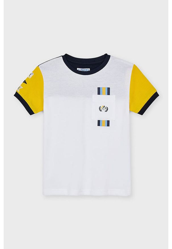 Mayoral - T-shirt dziecięcy. Okazja: na co dzień. Kolor: żółty. Materiał: bawełna, dzianina, elastan. Wzór: aplikacja. Styl: casual