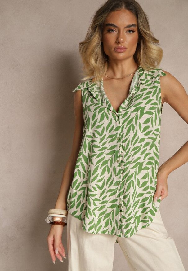 Renee - Zielona Koszula z Bawełny z Motywem Liści Raveldi. Okazja: na co dzień. Kolor: zielony. Materiał: bawełna. Sezon: lato. Styl: casual, elegancki