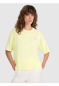 4f - 4F T-shirt oversize z nadrukiem damski - żółty XXL. Okazja: na co dzień. Kolor: żółty. Materiał: dzianina, jersey, materiał, bawełna. Długość rękawa: krótki rękaw. Długość: krótkie. Wzór: nadruk. Styl: sportowy, klasyczny, casual