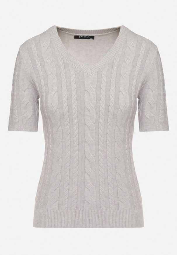 Born2be - Szara Bluzka z Bawełną i Wiskozą Ozdobiona Splotem Merithana. Okazja: na co dzień. Typ kołnierza: dekolt w serek. Kolor: szary. Materiał: wiskoza, bawełna. Długość rękawa: krótki rękaw. Długość: krótkie. Wzór: ze splotem, aplikacja. Styl: elegancki, klasyczny, casual