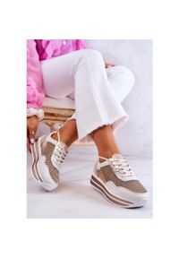 S.Barski Damskie Buty Sportowe Sneakersy Biało-Złote Bourne białe złoty. Kolor: biały, wielokolorowy, złoty. Materiał: materiał, skóra. Sezon: lato, wiosna. Obcas: na koturnie #9
