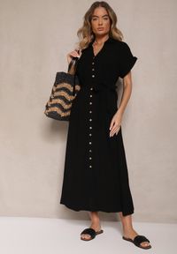 Renee - Czarna Sukienka z Wiskozy i Lnu o Koszulowym Kroju z Paskiem Efralissea. Okazja: na co dzień. Kolor: czarny. Materiał: len, wiskoza. Typ sukienki: koszulowe. Styl: elegancki, casual