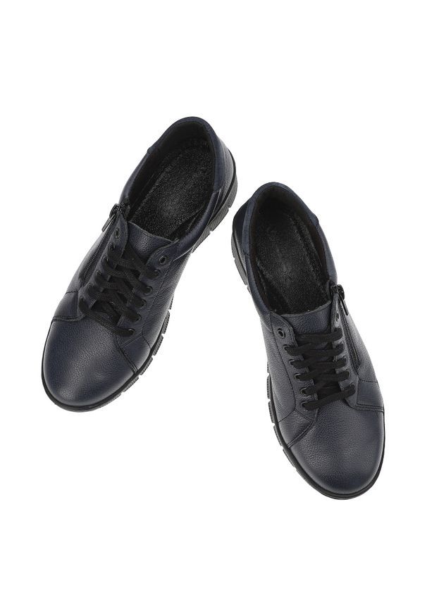 Granatowe Półbuty Wasak Wygodne Buty Damskie. Zapięcie: sznurówki. Kolor: niebieski. Materiał: materiał, skóra. Wzór: grochy. Styl: elegancki