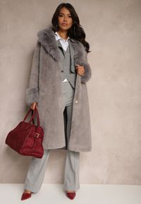 Renee - Szary Futrzany Płaszcz z Wiązanym Paskiem Ozdobnym Kołnierzem i Mankietami Viaressa. Okazja: na co dzień. Kolor: szary. Materiał: futro. Długość rękawa: długi rękaw. Długość: długie. Styl: casual, rockowy, elegancki #6