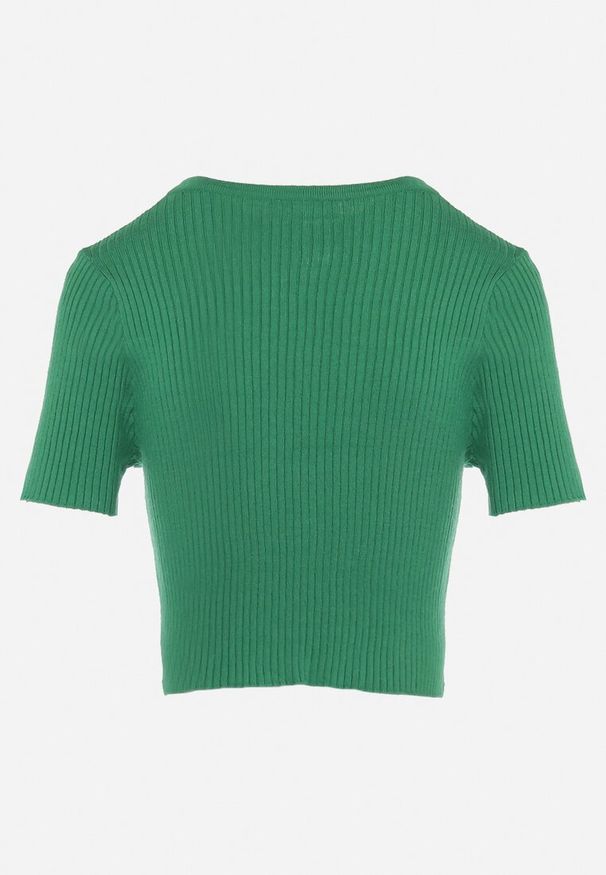 Born2be - Zielony Krótki T-shirt z Prążkowanej Dzianiny Clutia. Kolor: zielony. Materiał: prążkowany, dzianina. Długość: krótkie