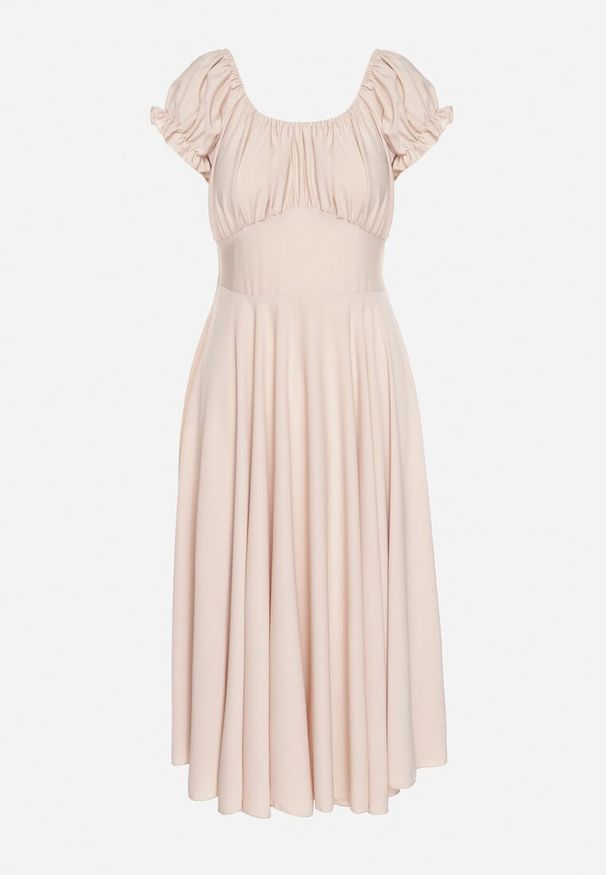 Born2be - Beżowa Sukienka z Bawełną Typu Hiszpanka z Ozdobnymi Bufkami Lunaleia. Okazja: na co dzień. Typ kołnierza: dekolt hiszpanka. Kolor: beżowy. Materiał: bawełna. Styl: casual, elegancki, klasyczny