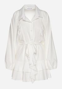 Born2be - Biała Sukienka Ozdobiona Paskiem i Falbanami Divilena. Okazja: na co dzień. Kolor: biały. Materiał: jeans. Wzór: aplikacja. Styl: elegancki, casual #6