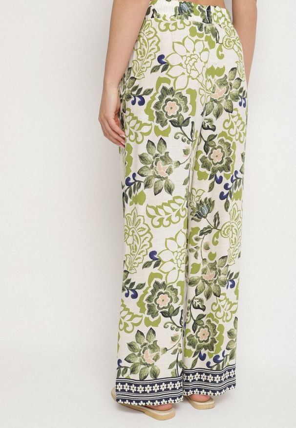 Born2be - Zielone Wiskozowe Spodnie o Prostym Kroju ze Ściągaczem w Talii Lielle. Okazja: na co dzień. Kolor: zielony. Materiał: wiskoza. Wzór: kwiaty. Styl: casual, elegancki