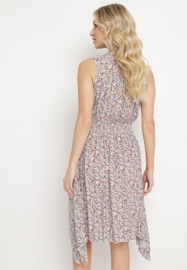 Born2be - Żółto-Różowa Sukienka z Elastycznej Bawełny z Asymetrycznym Dołem i Gumką w Pasie Penelorea. Okazja: na co dzień, na spacer. Typ kołnierza: dekolt w kształcie V. Kolor: żółty. Materiał: bawełna. Typ sukienki: asymetryczne. Styl: casual, elegancki