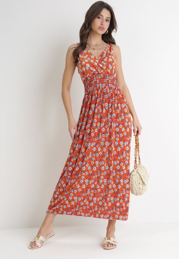 Born2be - Pomarańczowa Sukienka Maxi na Regulowanych Ramiączkach z Cienkimi Gumkami w Pasie Abgale. Okazja: na co dzień. Kolor: pomarańczowy. Długość rękawa: na ramiączkach. Wzór: kwiaty. Typ sukienki: proste. Styl: casual. Długość: maxi