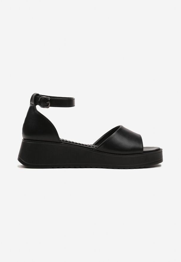 Born2be - Czarne Sandały z Ekoskóry na Grubej Podeszwie z Paskiem Przy Kostce Optia. Zapięcie: pasek. Kolor: czarny. Styl: elegancki