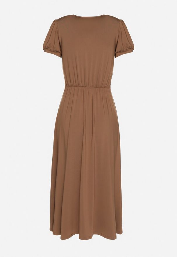 Born2be - Brązowa Sukienka Rozkloszowana z Wiskozą z Poduszkami w Ramionach Awerla. Okazja: na co dzień. Typ kołnierza: dekolt w kształcie V. Kolor: brązowy. Materiał: wiskoza. Długość rękawa: krótki rękaw. Styl: casual, elegancki, klasyczny