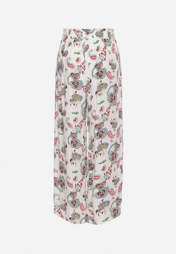 Born2be - Biało-Różowe Spodnie z Bawełny z w Stylu Boho z Szerokimi Nogawkami i Gumką w Talii Jelvia. Kolor: biały. Materiał: bawełna. Sezon: lato. Styl: boho