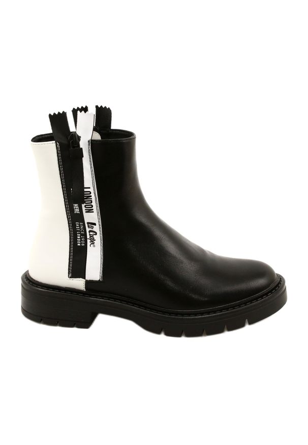 Lee Cooper Botki Black and White LCJ-21-47-0650LA białe czarne. Zapięcie: zamek. Kolor: czarny, biały, wielokolorowy. Materiał: skóra, materiał. Szerokość cholewki: normalna. Sezon: zima. Obcas: na obcasie. Wysokość obcasa: średni