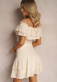 Renee - Beżowy 2-częściowy Komplet Top Hiszpanka i Spódnica z Haftowanej Tkaniny Tamimas. Kolor: beżowy. Materiał: tkanina. Wzór: haft #4