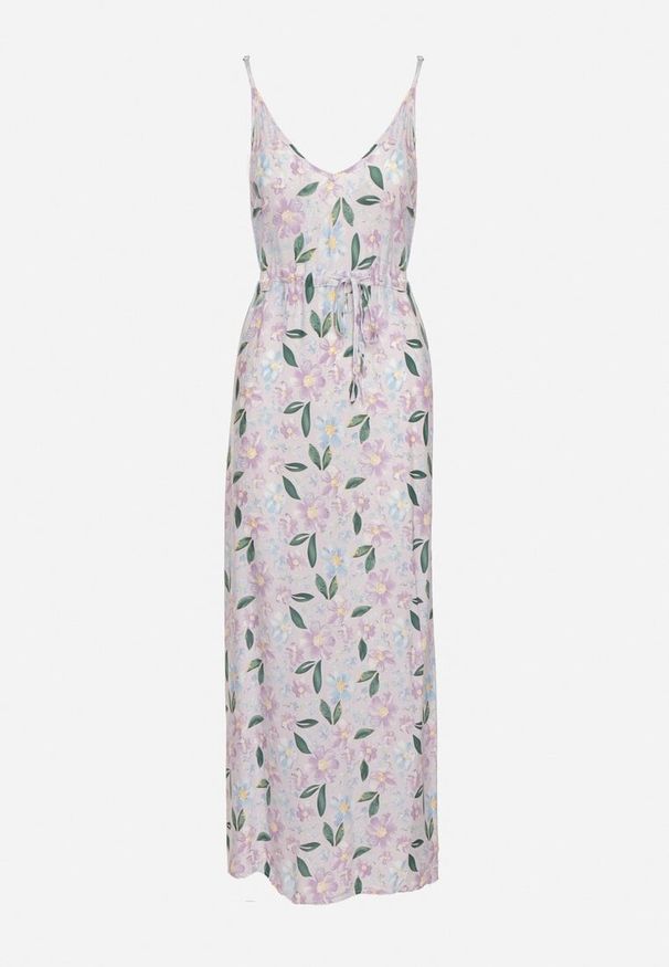 Born2be - Fioletowa Sukienka z Wiskozy na Regulowanych Ramiączkach ze Ściągaczem w Kwiaty Zopolia. Kolor: fioletowy. Materiał: wiskoza. Długość rękawa: na ramiączkach. Wzór: kwiaty. Sezon: lato