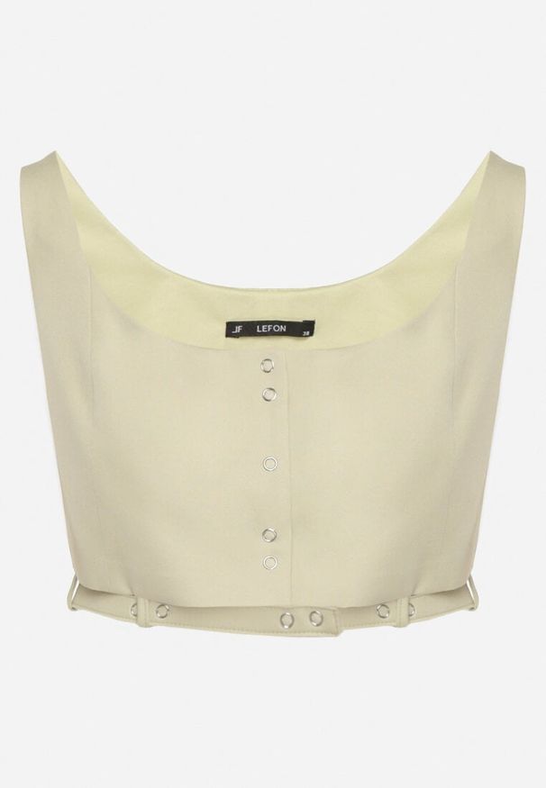 Born2be - Jasnozielony Top Zapinany na Napy z Ozdobnym Paskiem Tiamarose. Okazja: na co dzień. Kolor: zielony. Materiał: jeans. Sezon: lato. Styl: wizytowy, elegancki, casual