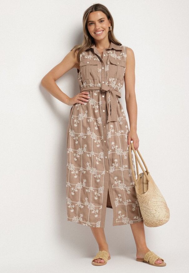 Born2be - Ciemnobeżowa Sukienka Bez Rękawów o Koszulowym Kroju z Paskiem Zdobiona Haftem Fodarela. Okazja: na co dzień. Kolor: beżowy. Długość rękawa: bez rękawów. Wzór: haft, aplikacja. Sezon: lato. Typ sukienki: koszulowe. Styl: klasyczny, casual, elegancki