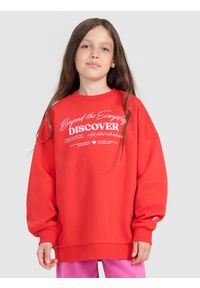 4f - 4F Bluza dresowa oversize nierozpinana bez kaptura dziewczęca - czerwona 140 (9-10 lat). Okazja: na co dzień. Typ kołnierza: bez kaptura. Kolor: czerwony. Materiał: dresówka. Wzór: nadruk, ze splotem, gładki. Sezon: lato. Styl: sportowy, casual