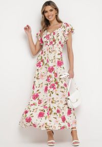 Born2be - Jasnobeżowa Rozkloszowana Sukienka Maxi z Wiskozy w Kwiatowy Print Unadis. Kolor: beżowy. Materiał: wiskoza. Wzór: kwiaty, nadruk. Sezon: lato. Długość: maxi #6