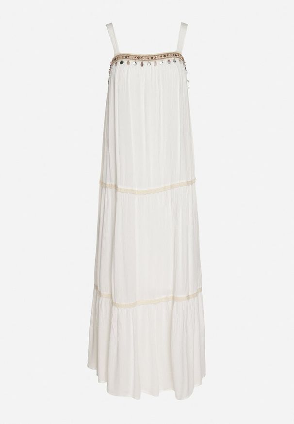 Born2be - Biała Wiskozowa Sukienka o Rozkloszowanym Kroju z Biżuteryjnym Zdobieniem Mevinda. Okazja: na co dzień. Kolor: biały. Materiał: wiskoza. Długość rękawa: na ramiączkach. Wzór: aplikacja. Styl: elegancki, casual