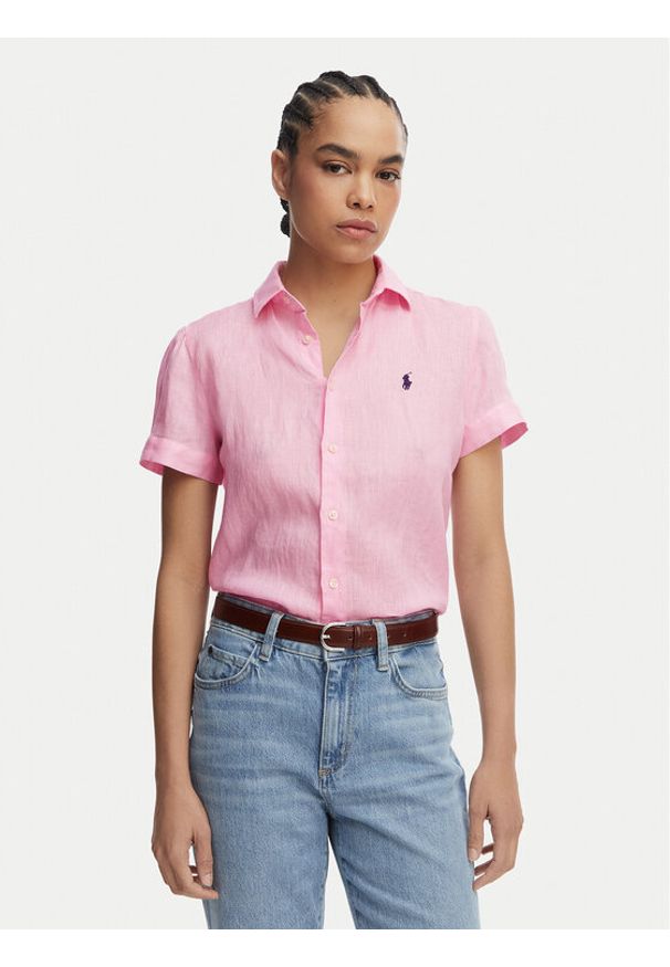 Polo Ralph Lauren Koszula 211973366501 Różowy jasny Regular Fit. Typ kołnierza: polo. Kolor: różowy. Materiał: len