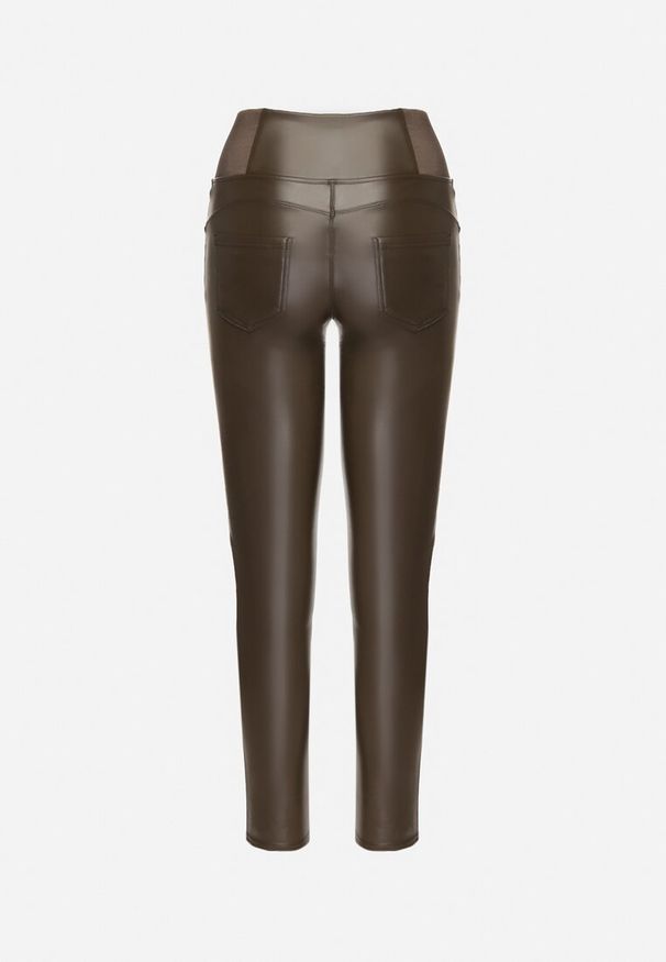 Born2be - Brązowe Ocieplane Legginsy z Ekoskóry z Wysokim Stanem Feliora. Okazja: na co dzień. Stan: podwyższony. Kolor: brązowy. Materiał: satyna. Styl: elegancki, casual, wizytowy