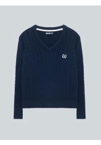 Big-Star - Sweter damski ze splotem warkoczowym z dekoltem v-neck granatowy Nisa 403. Kolor: niebieski. Materiał: włókno, bawełna, poliamid. Długość: długie. Wzór: ze splotem. Styl: elegancki, klasyczny #5