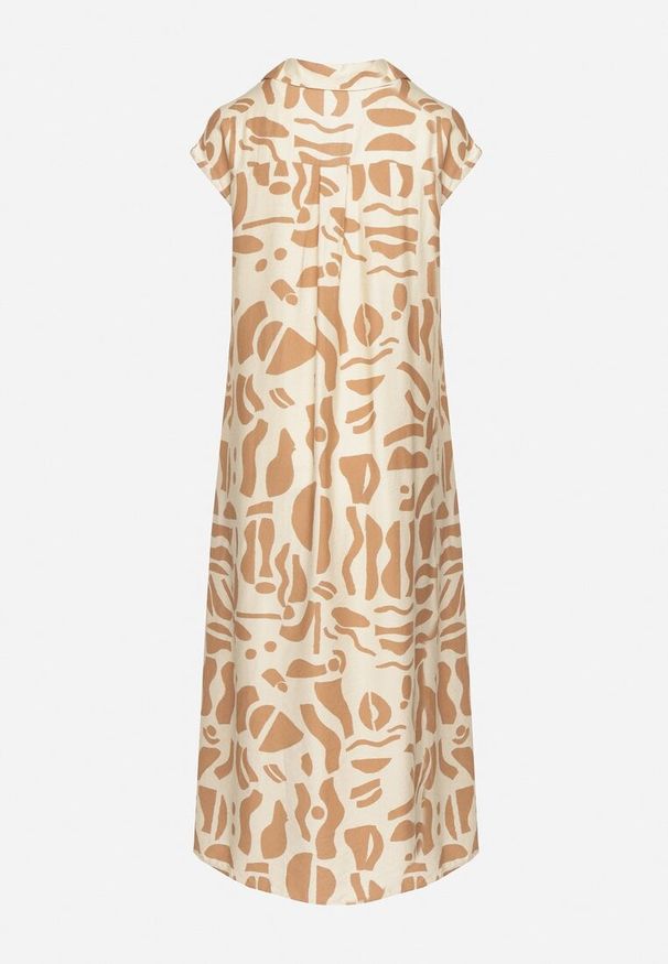 Born2be - Beżowa Sukienka o Koszulowym Kroju w Geometryczny Wzór Saranea. Okazja: na co dzień, na spotkanie biznesowe. Typ kołnierza: dekolt w serek. Kolor: beżowy. Długość rękawa: krótki rękaw. Wzór: geometria. Sezon: wiosna, lato. Typ sukienki: koszulowe. Styl: casual, biznesowy