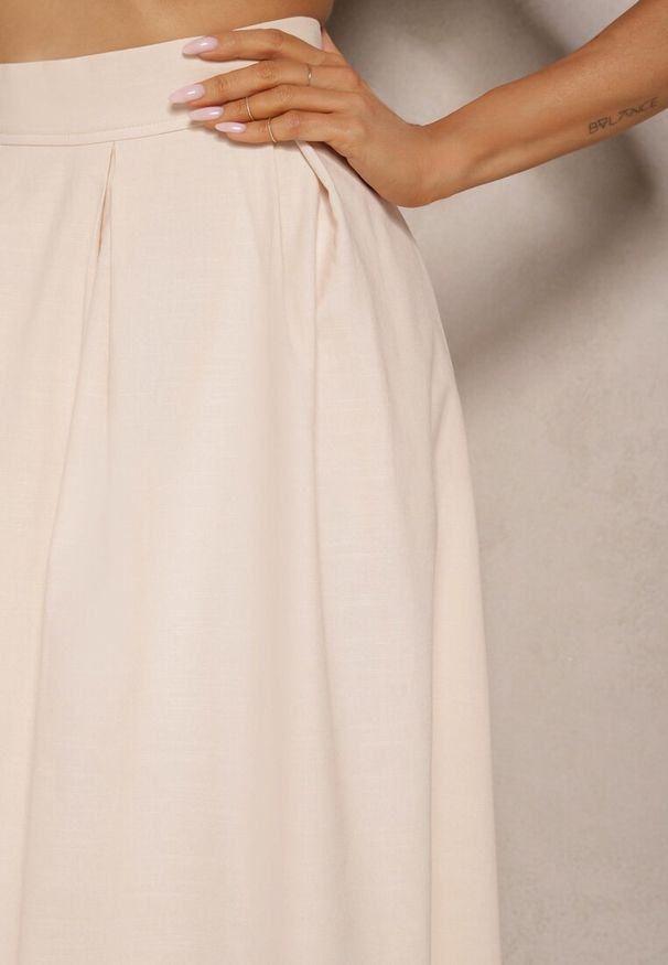 Renee - Beżowa Rozkloszowana Spódnica z Bawełną High Waist Katavira. Okazja: na co dzień. Stan: podwyższony. Kolor: beżowy. Materiał: bawełna. Styl: casual, elegancki