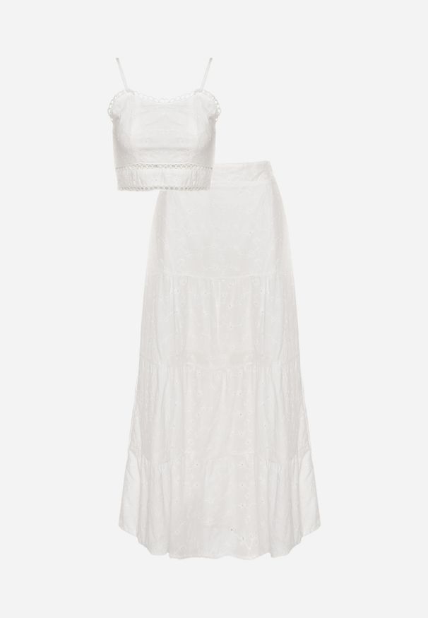 Renee - Biały Boho Komplet Top z Haftowanej Tkaniny Spódnica z Gumką w Talii i Falbanką Worpia. Kolor: biały. Materiał: tkanina. Wzór: haft