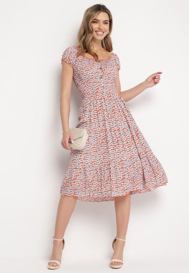 Born2be - Pomarańczowo-Niebieska Wiskozowa Sukienka Midi Rozkloszowana z Metalowymi Guzikami Exodia. Kolor: pomarańczowy. Materiał: wiskoza. Styl: klasyczny, elegancki. Długość: midi