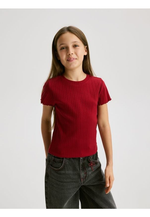 Reserved - Bawełniana bluzka w prążki - intenstywna czerwień. Kolor: czerwony. Materiał: bawełna. Wzór: prążki