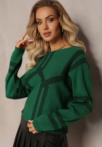 Renee - Ciemnozielony Sweter z Okrągłym Dekoltem i Wzorem w Paski Busso. Kolor: zielony. Wzór: paski #3