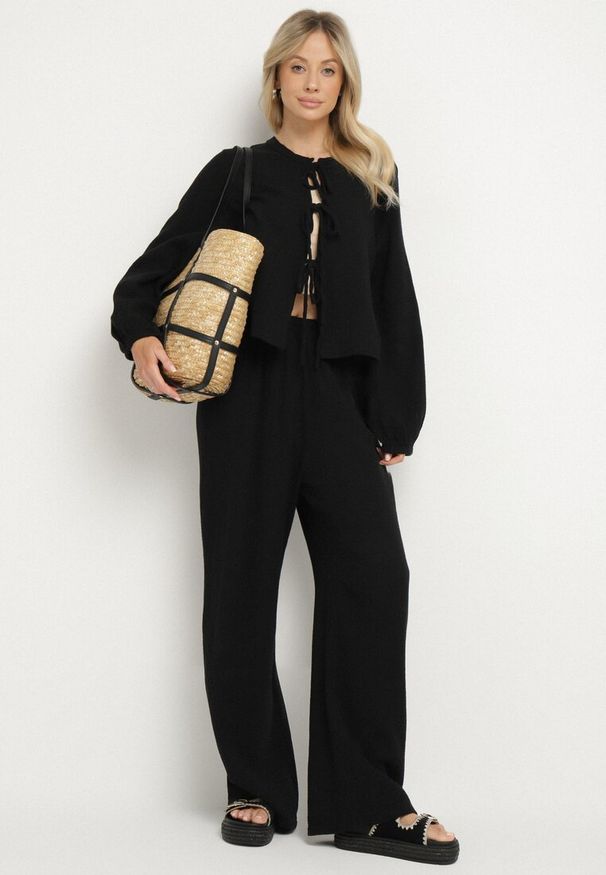 Born2be - Czarny Bawełniany Komplet Bluzka z Wiązaniem i Spodnie Palionis. Kolor: czarny. Materiał: bawełna