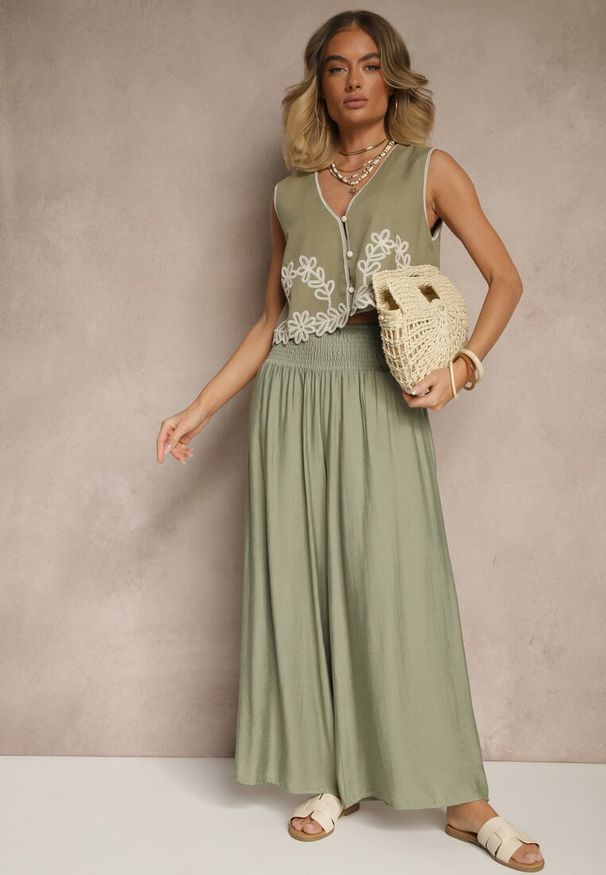 Renee - Jasnozielone Spodnie z Wiskozą o Szerokim Kroju High Waist Orrana. Okazja: na co dzień. Stan: podwyższony. Kolor: zielony. Materiał: wiskoza. Styl: casual, elegancki