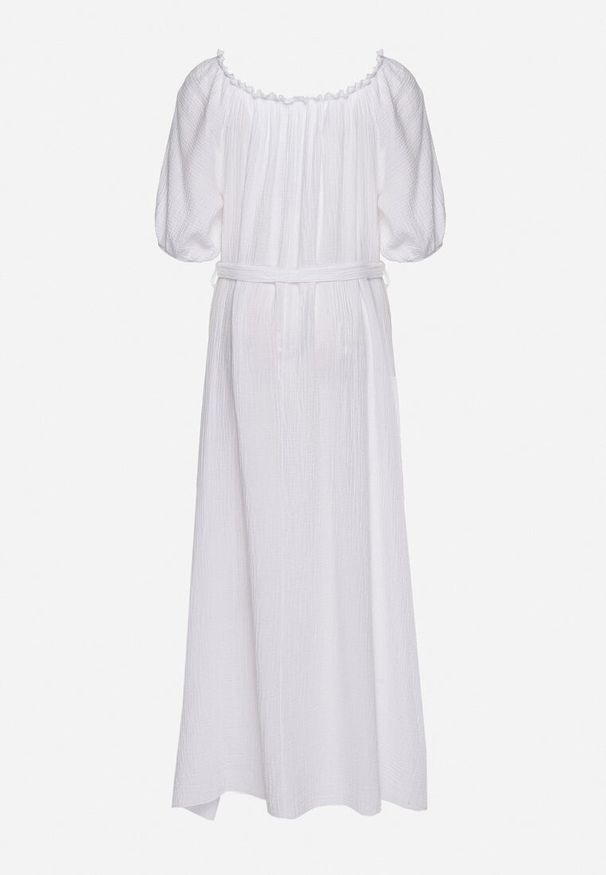 Born2be - Biała Trapezowa Muślinowa Sukienka z Bawełny z Paskiem i Gumką w Talii Vimarinn. Okazja: na co dzień. Typ kołnierza: dekolt hiszpanka. Kolor: biały. Materiał: bawełna. Typ sukienki: trapezowe. Styl: casual