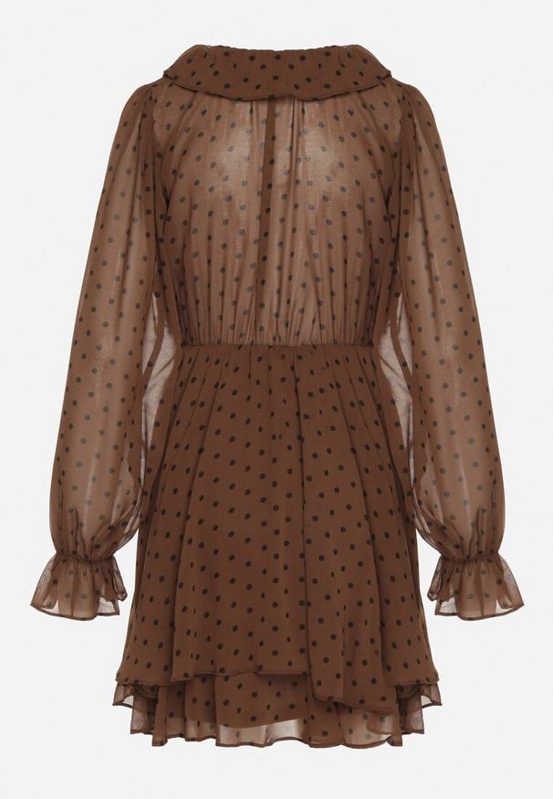 Born2be - Brązowa Siateczkowa Sukienka w Groszki o Rozkloszowanym Kroju z Falbankami Nemela. Okazja: na co dzień. Typ kołnierza: kołnierz z falbankami. Kolor: brązowy. Materiał: wełna, poliester. Wzór: grochy. Typ sukienki: proste. Styl: casual, wizytowy