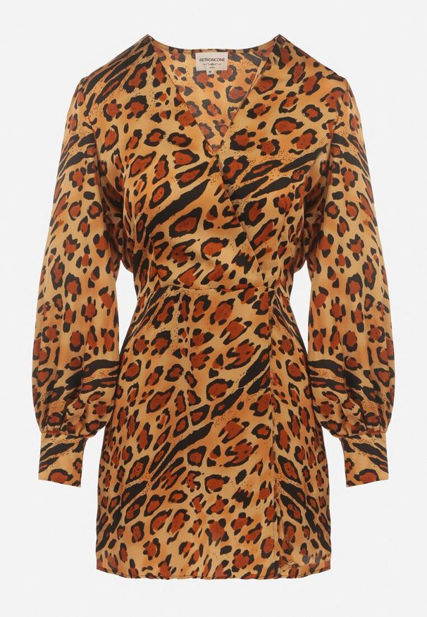 Born2be - Żółta Satynowa Sukienka Mini w Cętki z Kopertowym Dekoltem Nenexa. Kolor: żółty. Materiał: satyna. Wzór: aplikacja. Typ sukienki: kopertowe. Długość: mini