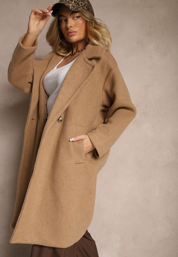 Renee - Brązowy Dwurzędowy Płaszcz Oversize z Wełną Spolete. Kolor: brązowy. Materiał: wełna. Styl: elegancki
