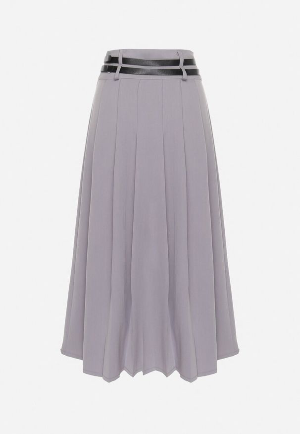 Born2be - Szara Spódnica z Podwójnym Paskiem z Ekoskóry i Szerokimi Plisami Hiritai. Okazja: do pracy, na imprezę. Stan: podwyższony. Kolor: szary. Materiał: skóra. Styl: elegancki