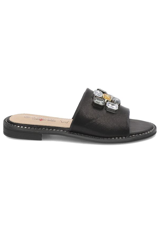 Czarne Klapki S.Barski Modne Obuwie Damskie Z Ozdobami. Okazja: na co dzień. Kolor: czarny. Wzór: aplikacja. Obcas: na płaskiej podeszwie. Styl: casual