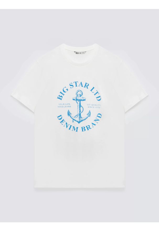 Big-Star - Koszulka męska z kontrastowym nadrukiem biała Kartes 100. Kolor: biały. Materiał: dzianina, bawełna. Wzór: nadruk. Styl: klasyczny