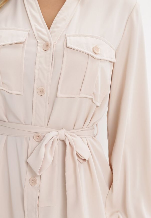 Born2be - Beżowa Bawełniana Sukienka Koszulowa Aravia. Kolor: beżowy. Materiał: bawełna. Długość rękawa: długi rękaw. Typ sukienki: koszulowe. Długość: mini