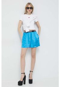 Hugo - HUGO bluza bawełniana damska kolor biały z nadrukiem. Kolor: biały. Materiał: bawełna. Wzór: nadruk #2