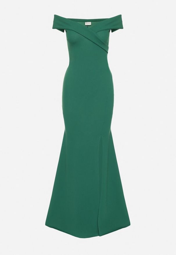 Born2be - Zielona Koktajlowa Sukienka z Hiszpańskim Dekoltem Erpollia. Okazja: na imprezę. Kolor: zielony. Styl: wizytowy