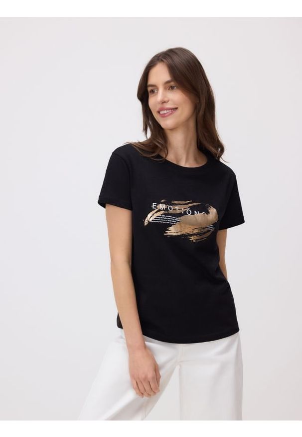 Reserved - T-shirt z nadrukiem - czarny. Kolor: czarny. Materiał: dzianina, bawełna. Wzór: nadruk